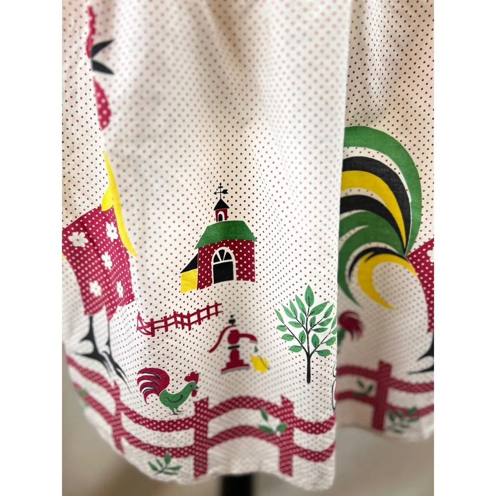 Vintage Rooster Farm Novelty Print Half Apron Red Polka Dot Country Kitchen